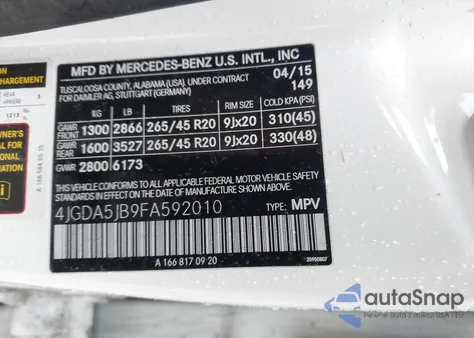 2015 Mercedes-Benz Ml 350 from USA, damaged, VIN 4JGDA5JB9FA592010
